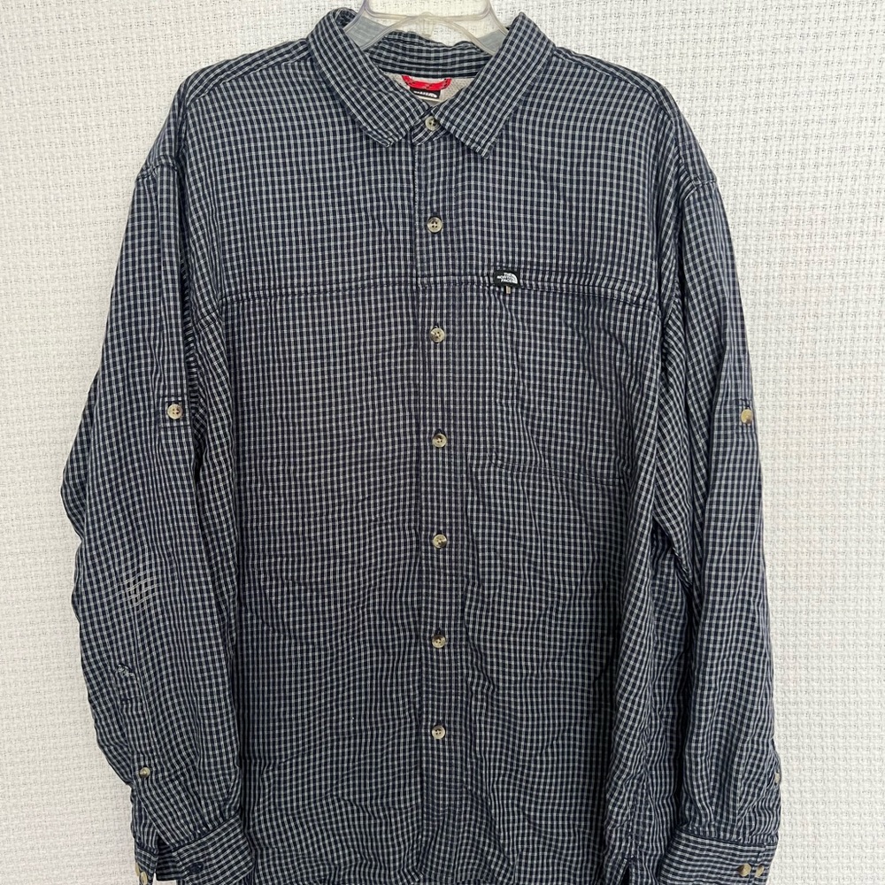 North Face Hiking Button Up Blue & Grey Plaid